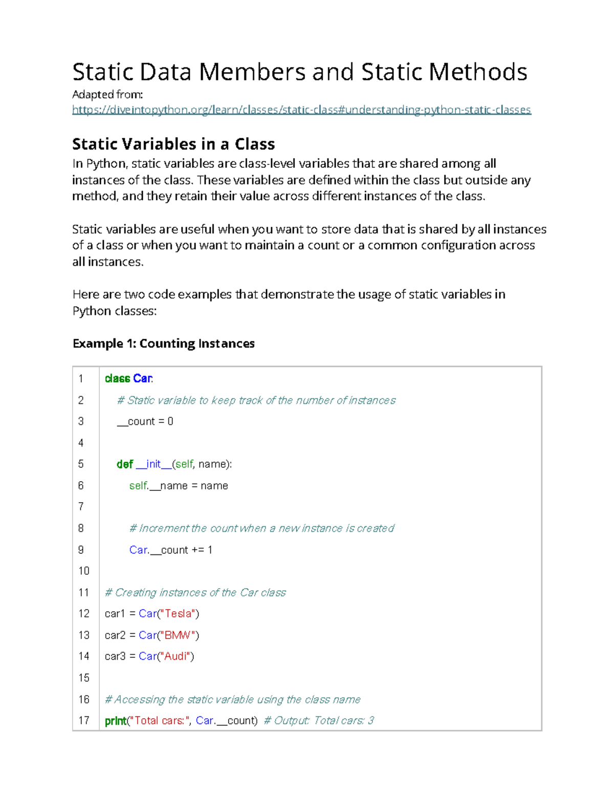 2C Static Attributes and Methods in Python Classes - Studocu