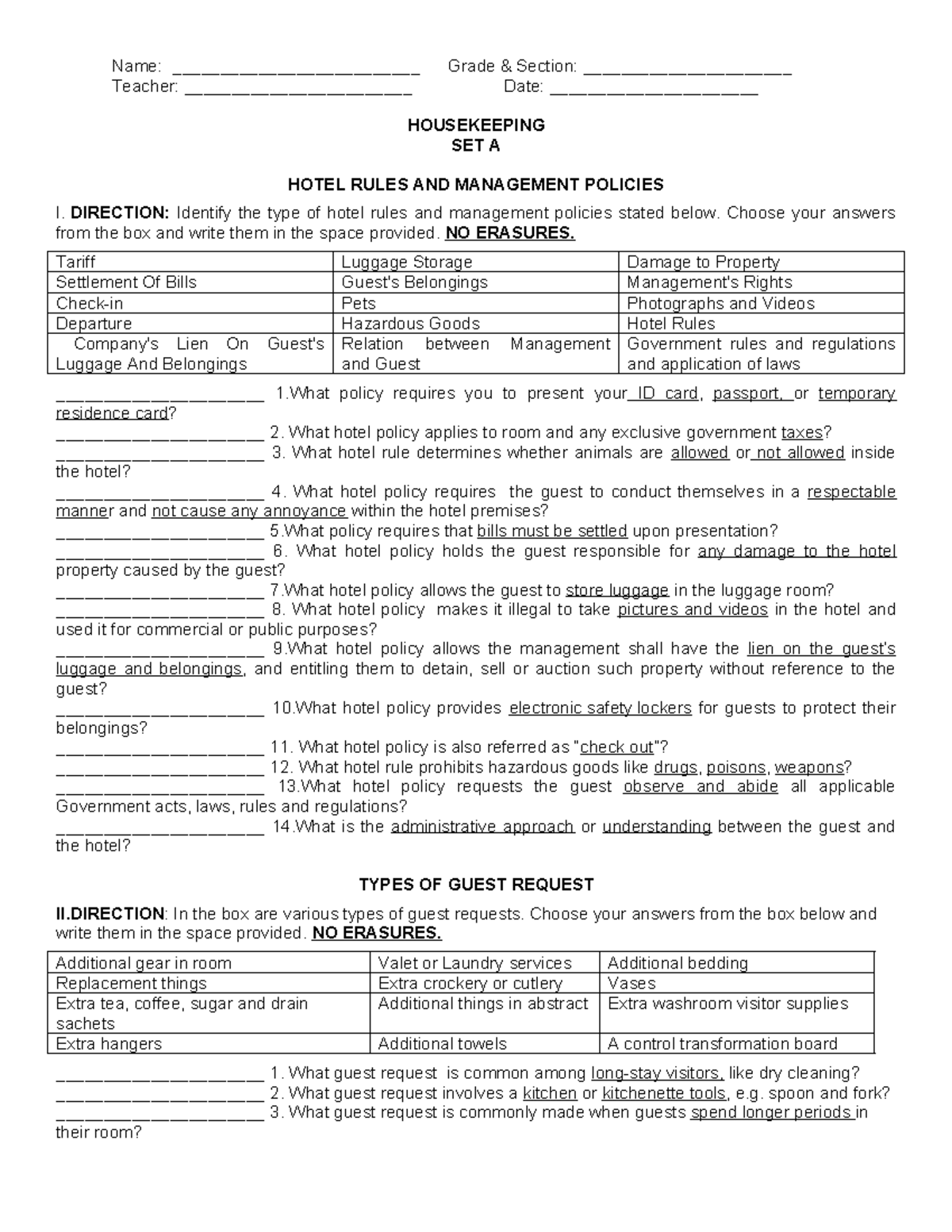 Housekeeping - Week 1-2 - Name: __________________________ Grade ...