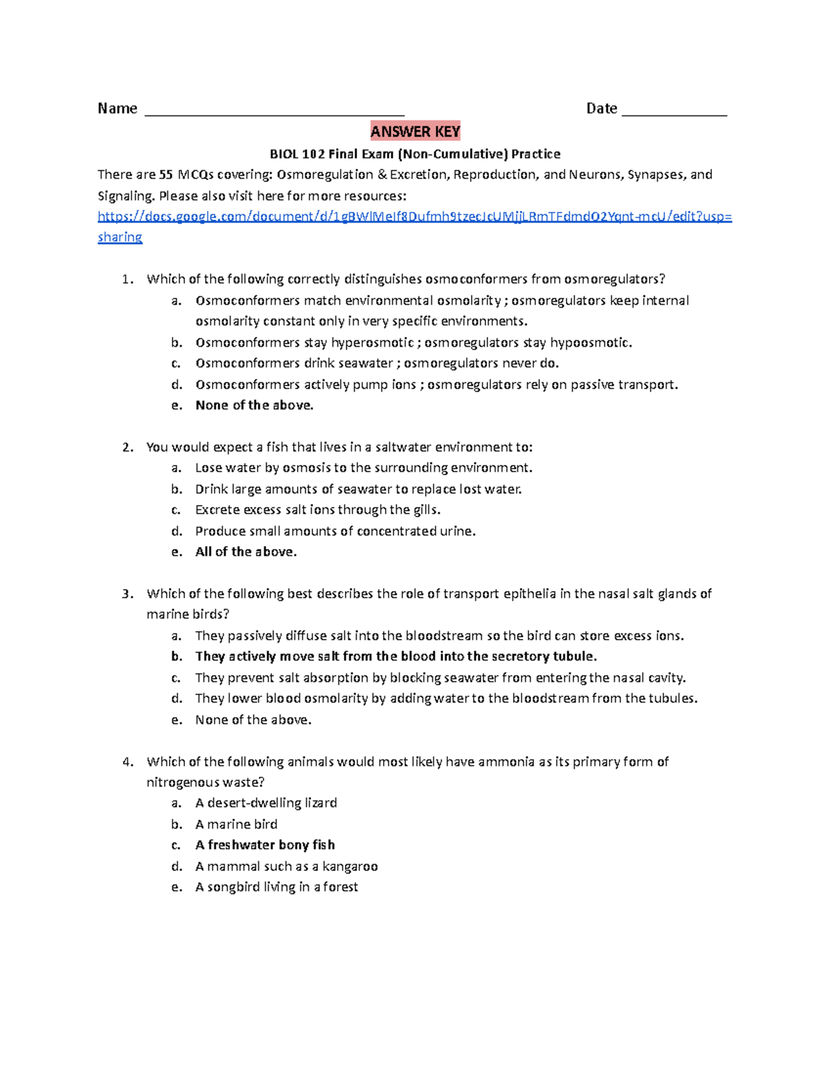 Answer KEY - BIOL 102 Final Exam Practice (New Content) - Studocu