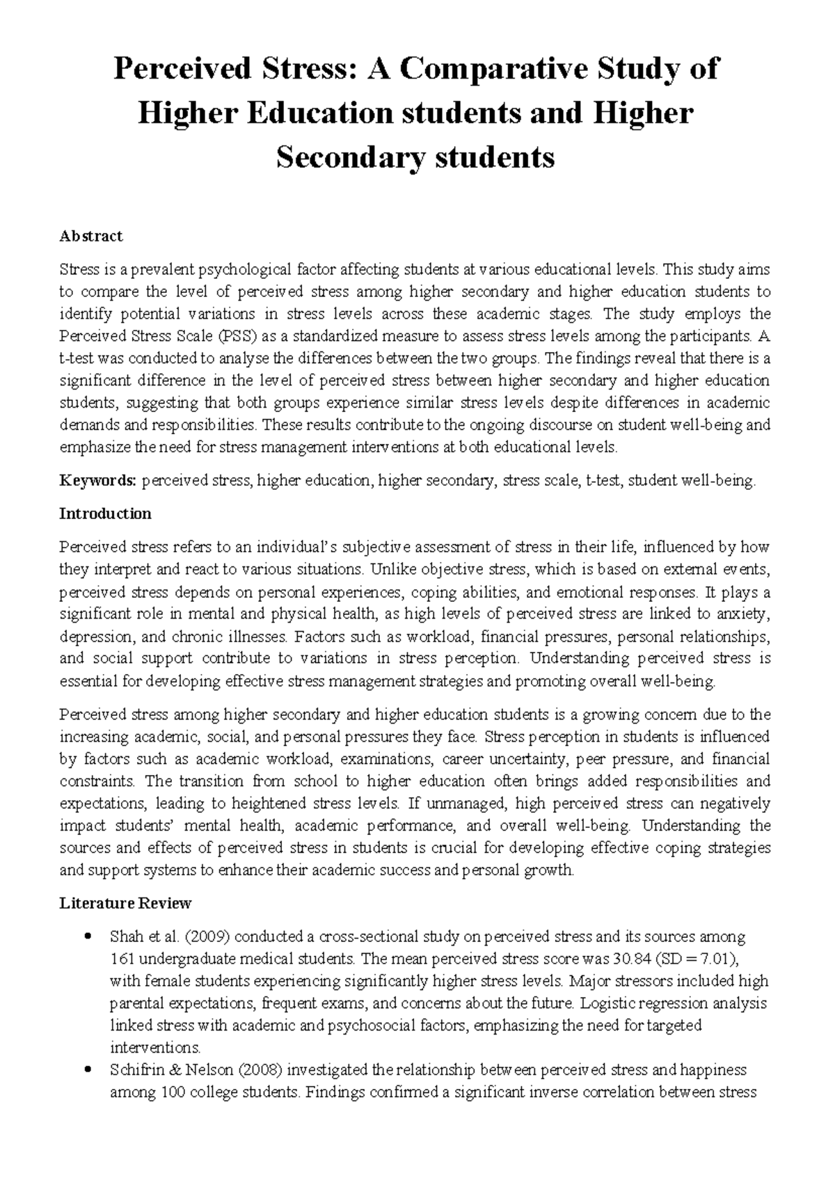 Comparative Study of Perceived Stress in Higher Ed & Secondary Students ...