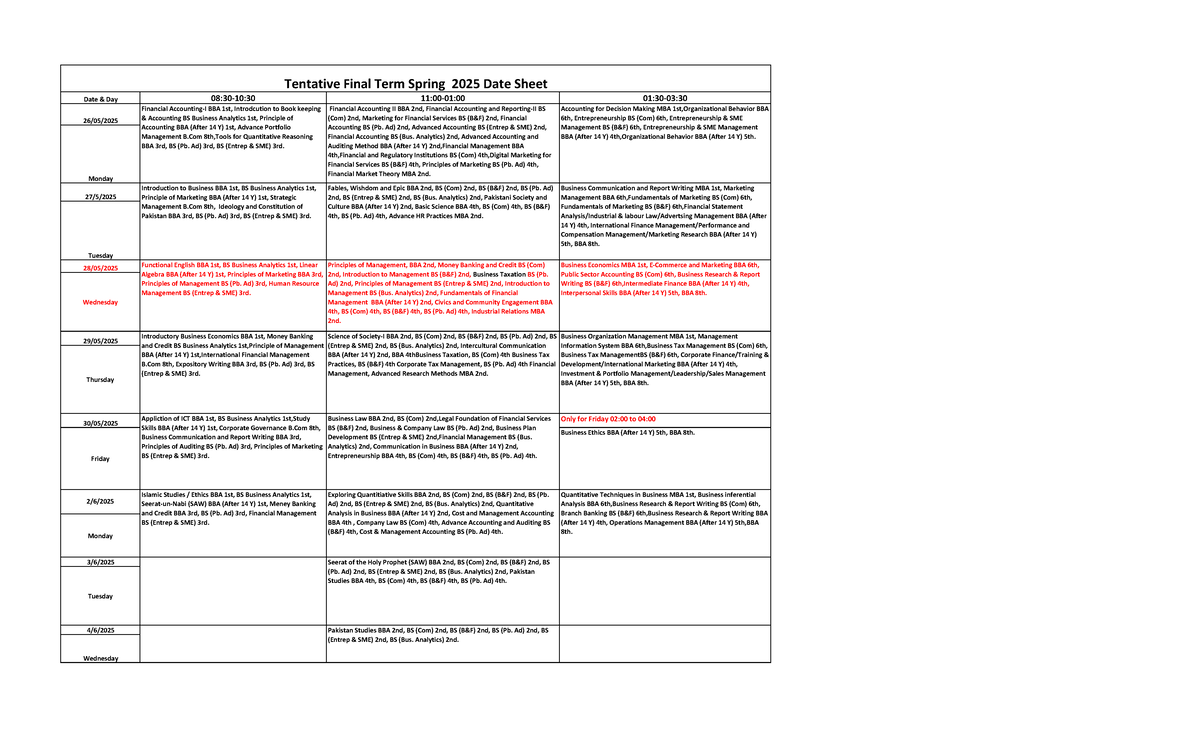 Final Term Date Sheet for Spring 2025 - BBA, BS, MBA Courses - Studocu