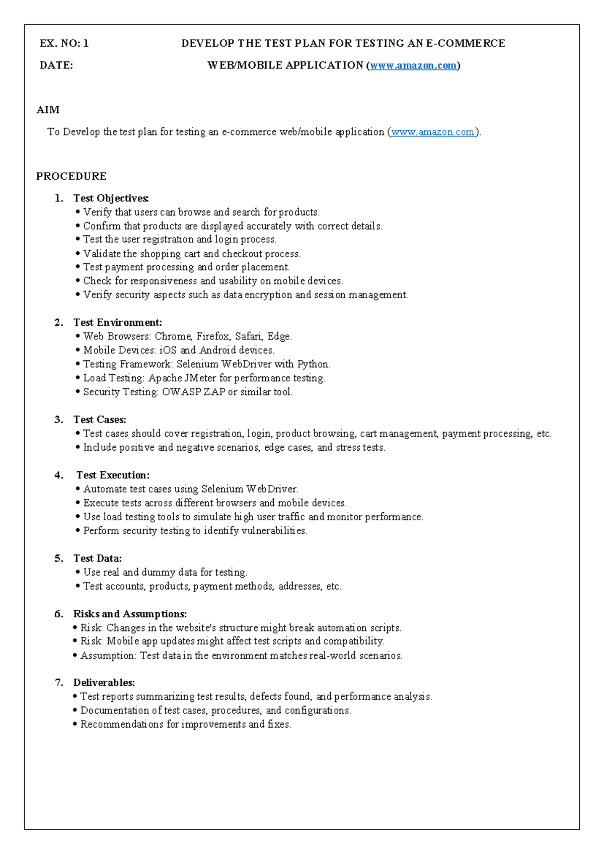 Test Plan and Test Case Design for Application Testing (EX. NO: 1 ...