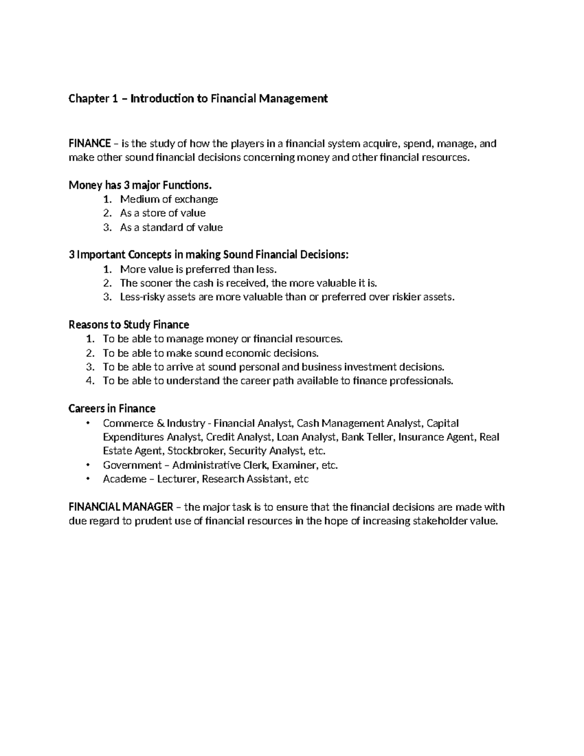 Chapter 1: Intro to Financial Management (FINANCE) - Studocu