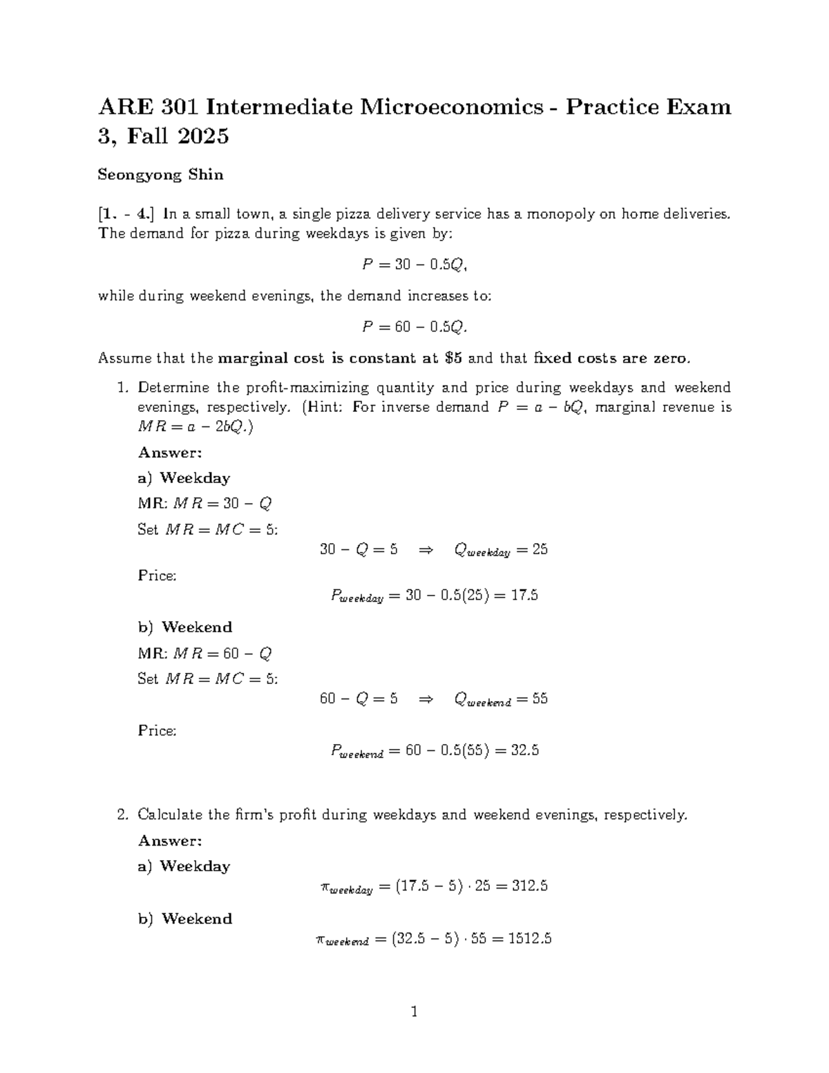 ARE 301 Intermediate Microeconomics Exam 3 Practice Solutions - Studocu