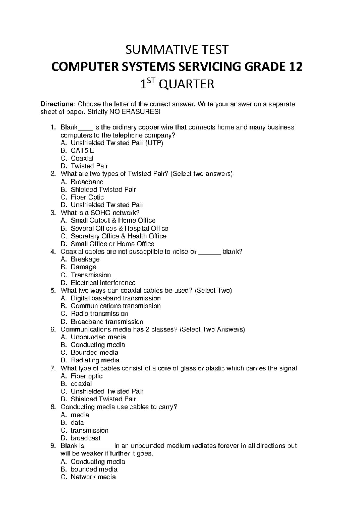 Summative Test ICT 12 - Computer Systems Servicing 1st Quarter - Studocu