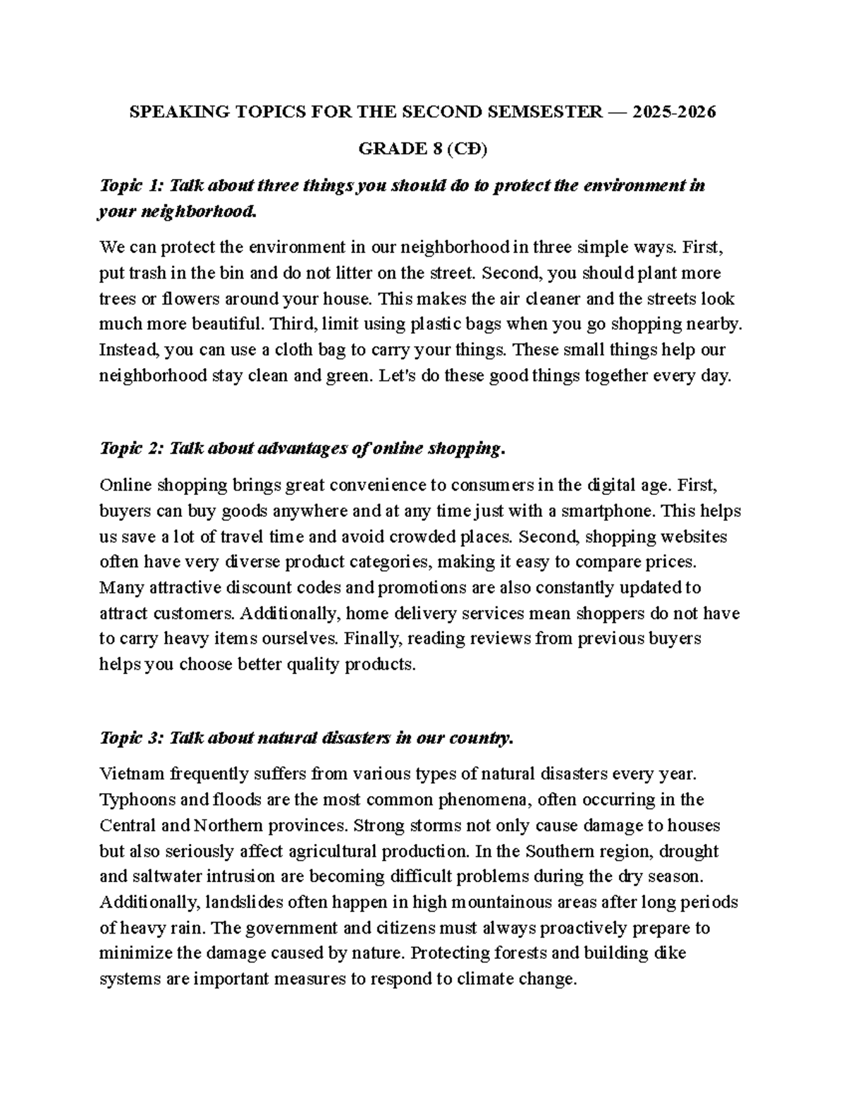 Speaking Topics for the 2nd Semester Grade 8 (CĐ) - Studocu