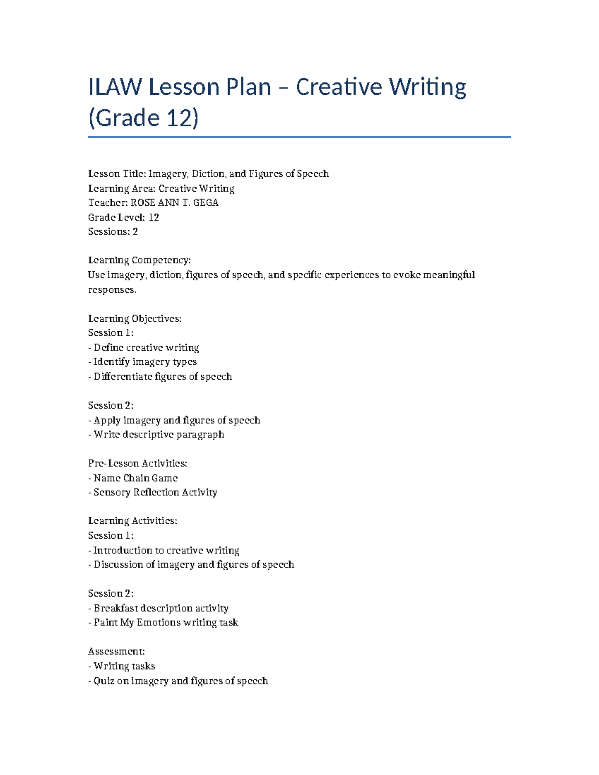 ILAW Grade 12 Creative Writing Lesson Plan: Imagery & Diction - Document Preview