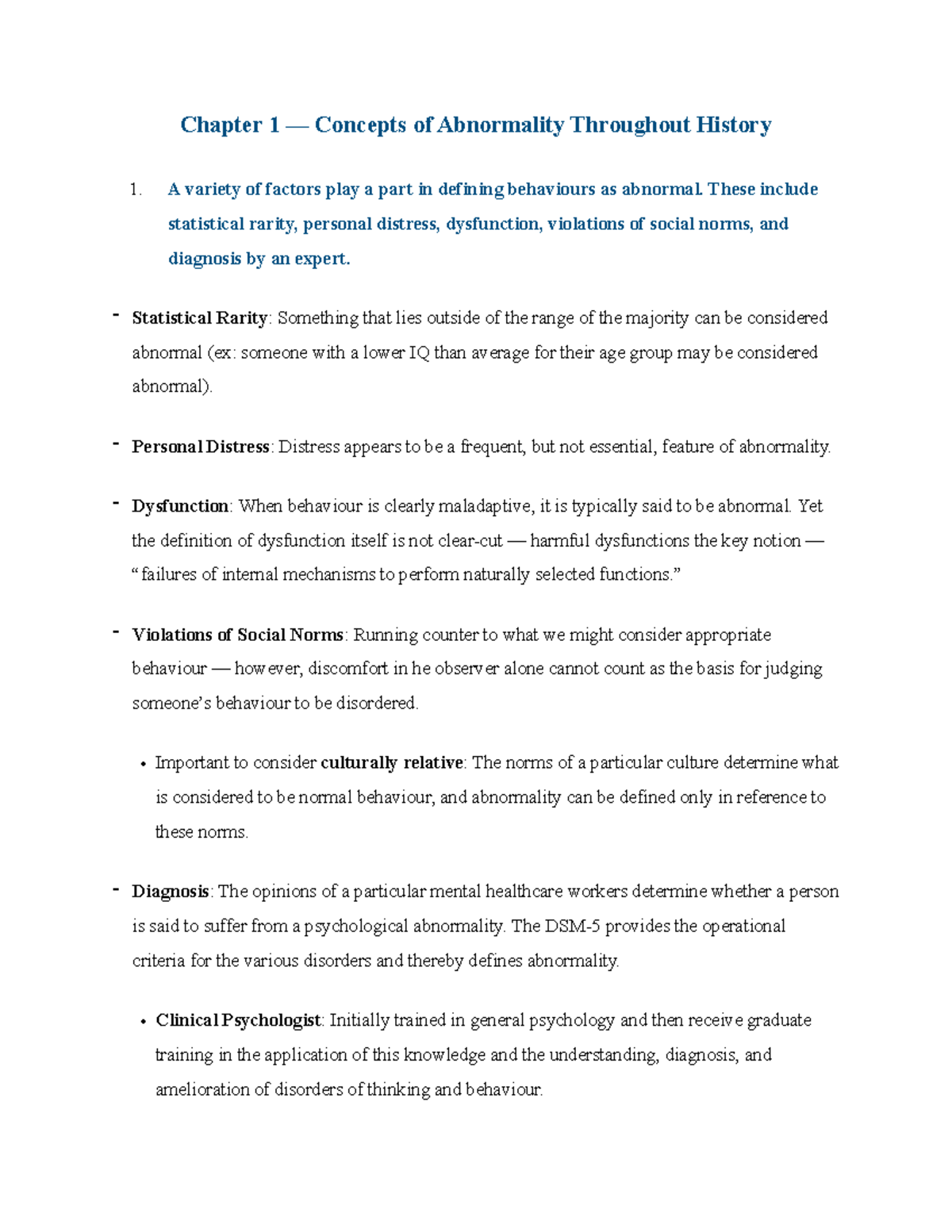 Chapter Summaries on Abnormal Psychology (Ch 1-8) Review - Studocu