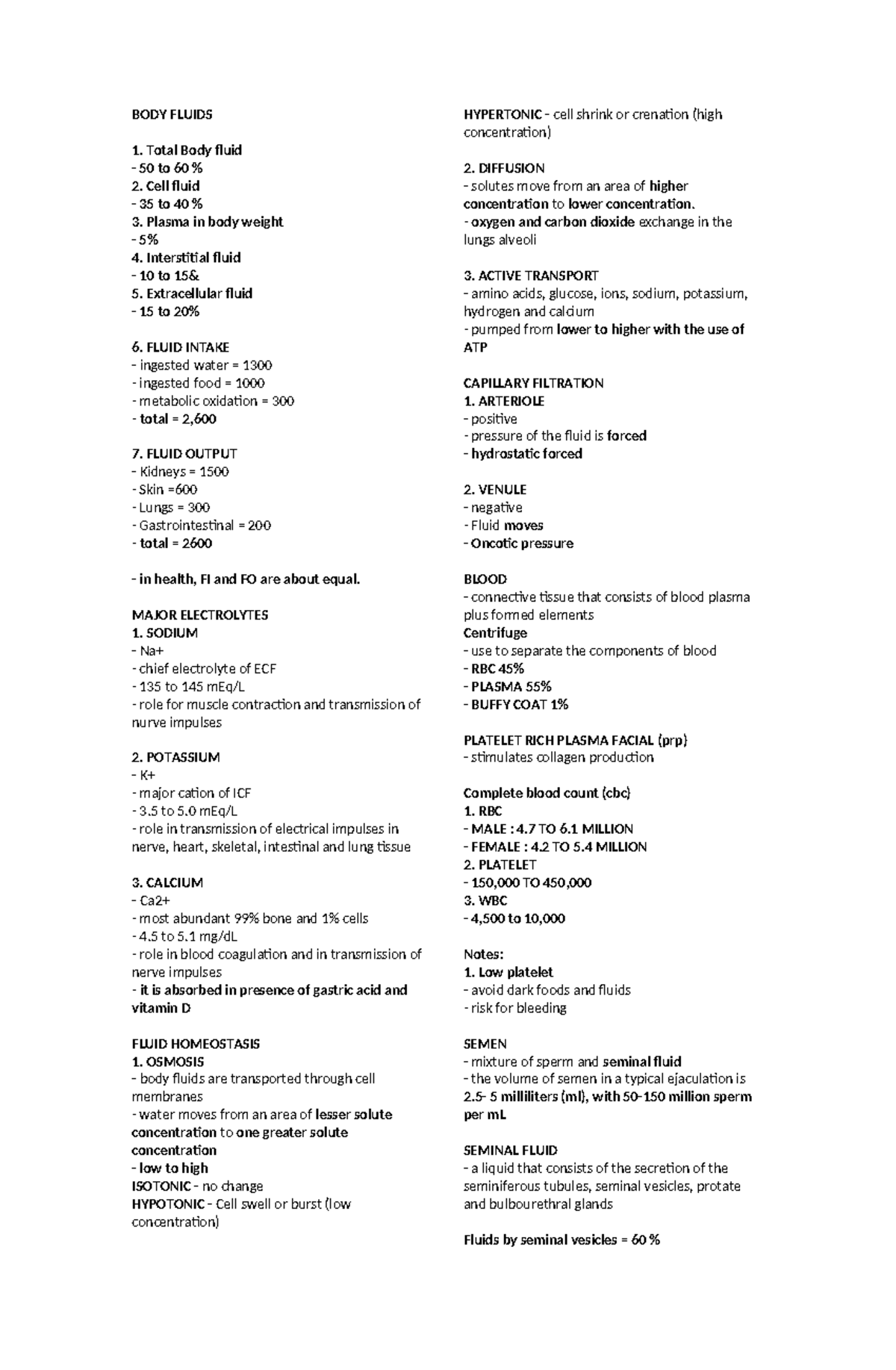 Finals Biochem Reviewer - BODY FLUIDS Total Body fluid 50 to 60 % Cell ...