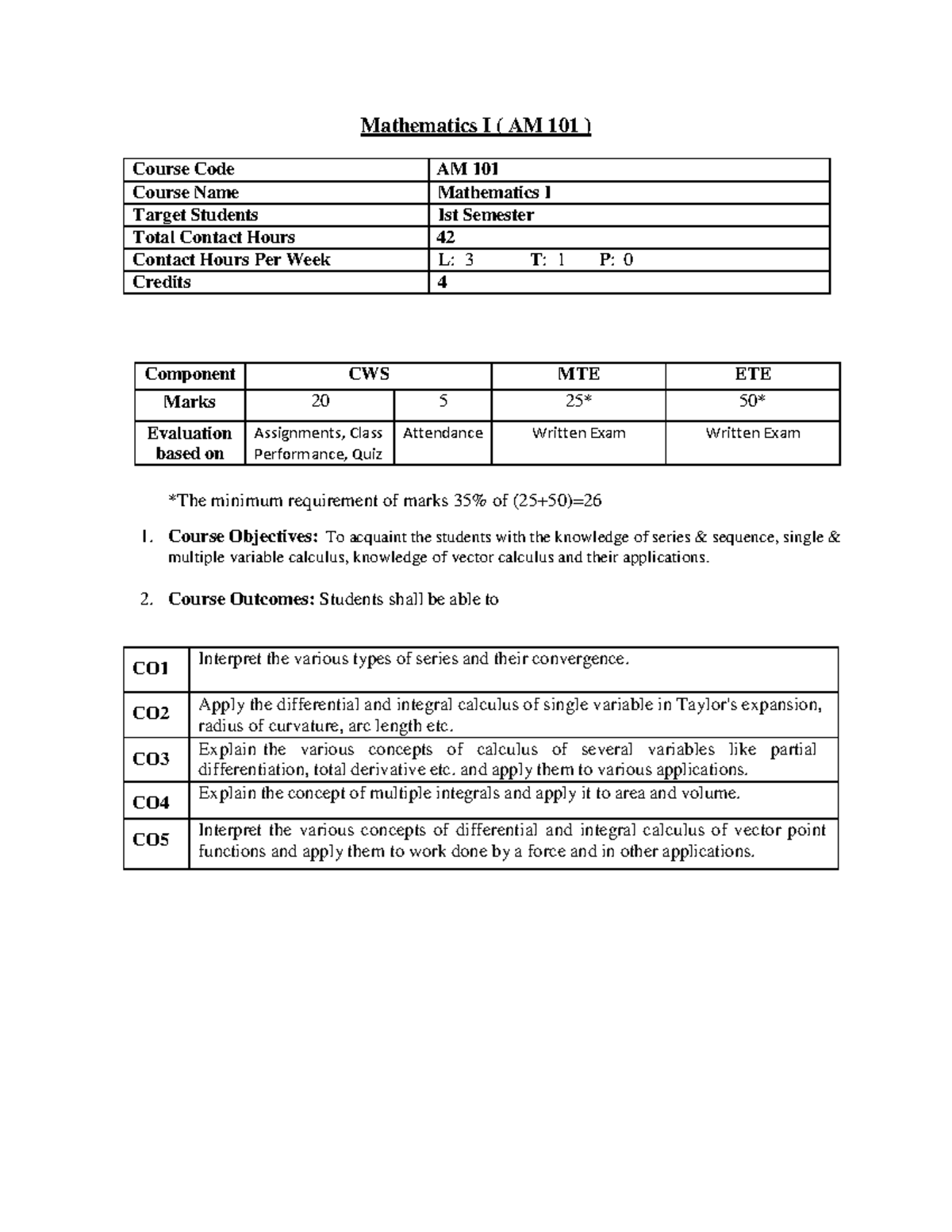 Mathematics I (AM 101) Syllabus and Course Plan Overview - Studocu