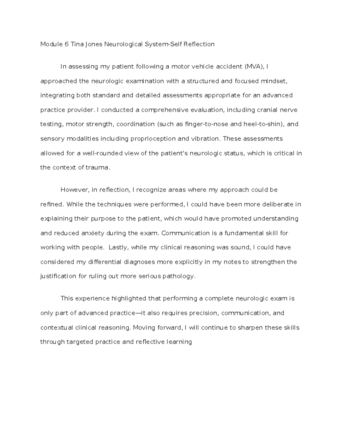 NU 508 Neurological Reflection: Insights from Tina Jones' Case Study ...
