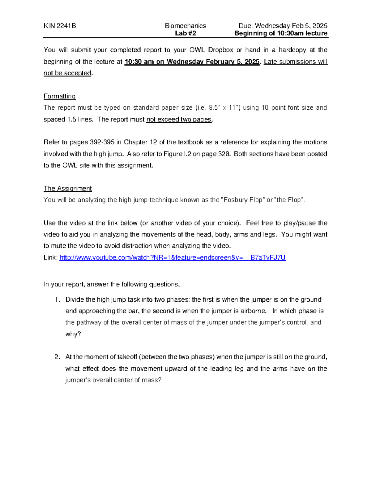KIN 2241 B lab 2 - lab - KIN 2241B Biomechanics Due: Wednesday Feb 5 ...