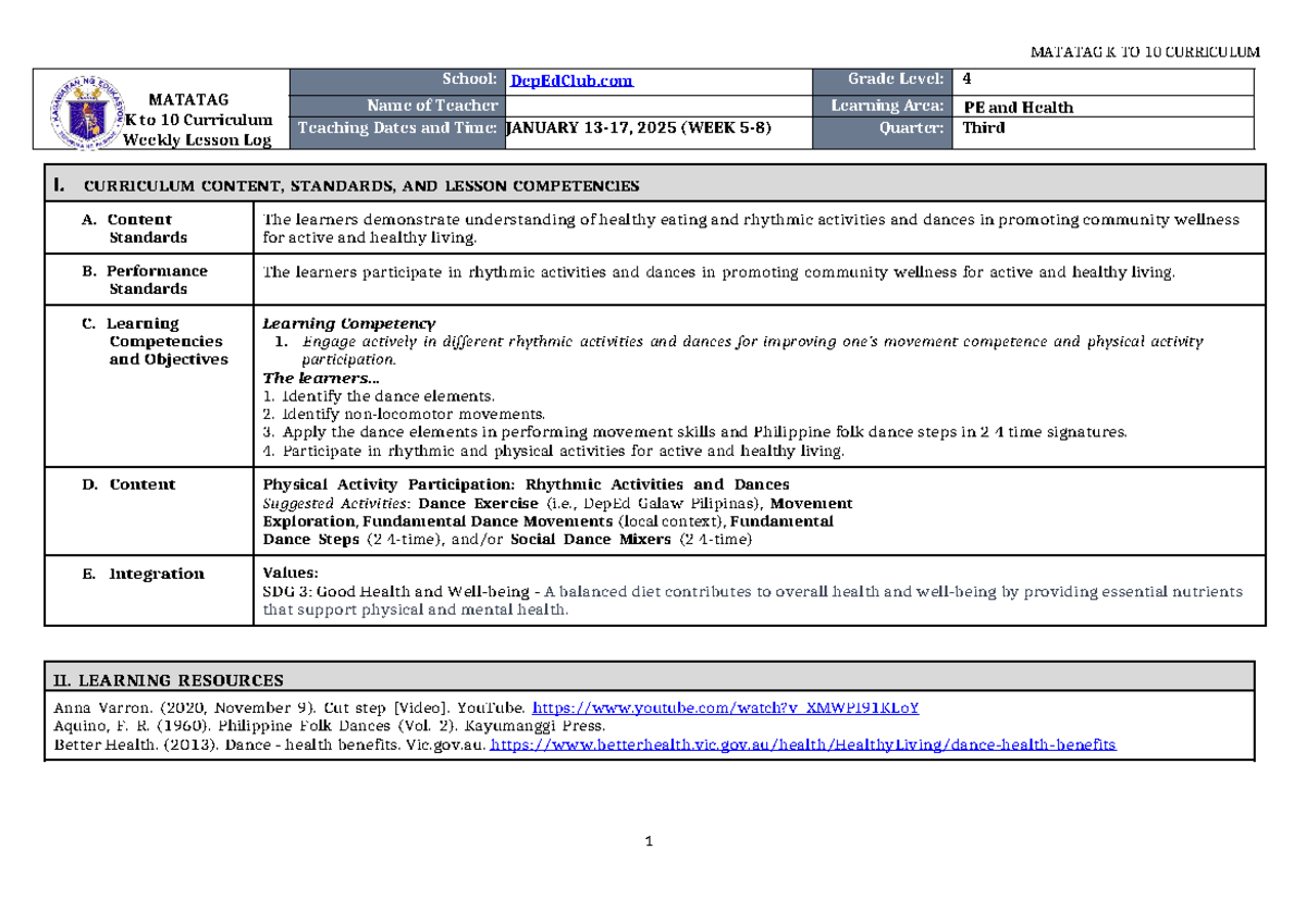 DLL Matatag PE & Health 4 Q3 W5-8 - MATATAG K to 10 Curriculum Weekly ...