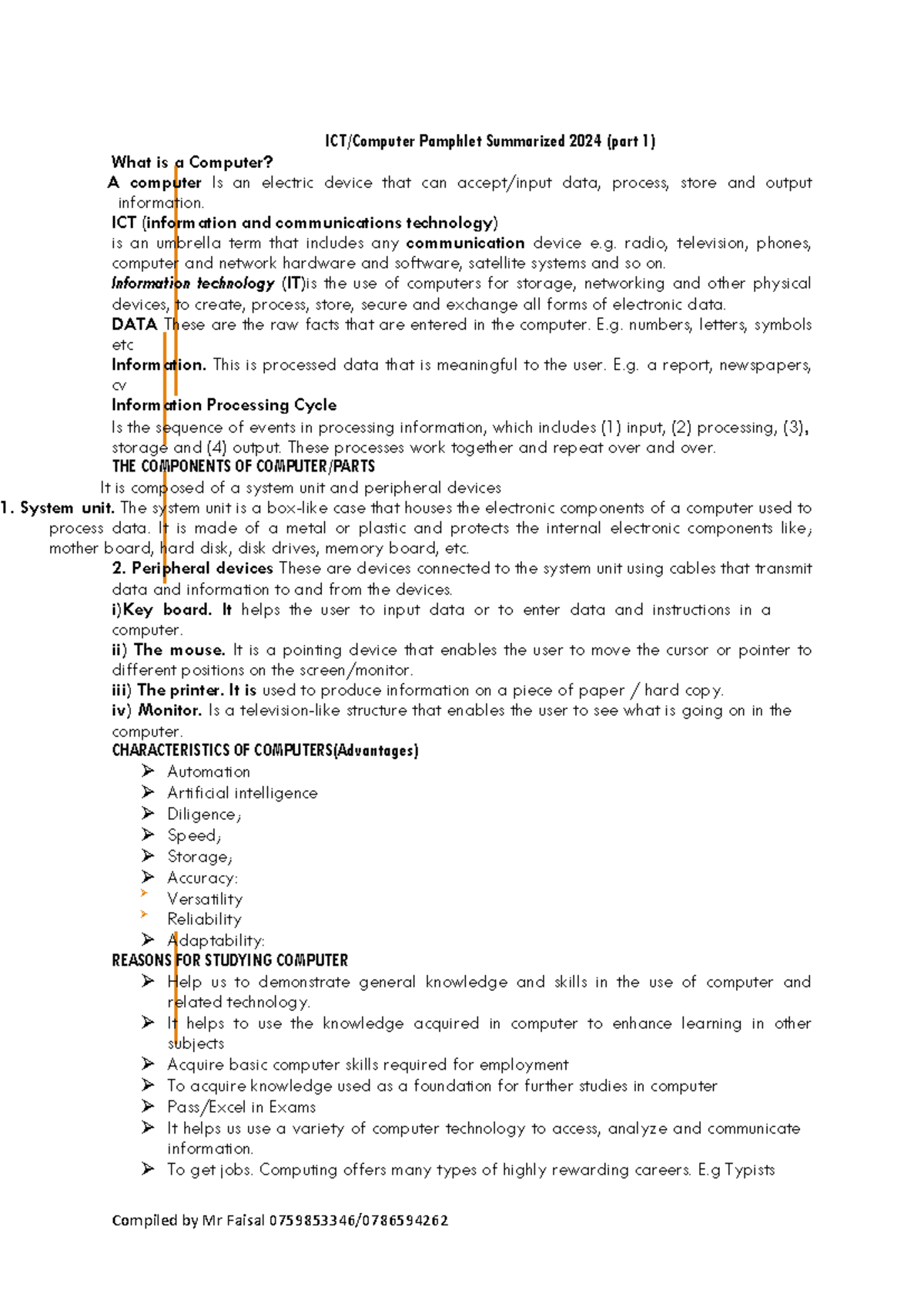 ICT/Computers Summary Handout 2024: Part 1 Overview and Insights - Studocu