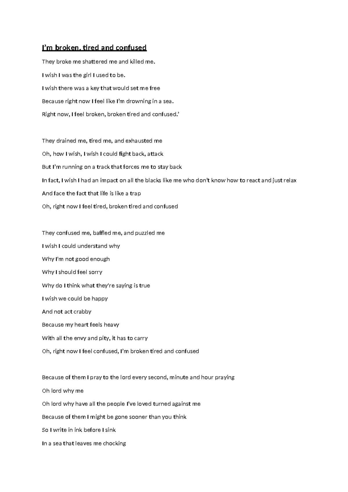 Broken, Tired, and Confused: A Poetic Reflection - Studocu