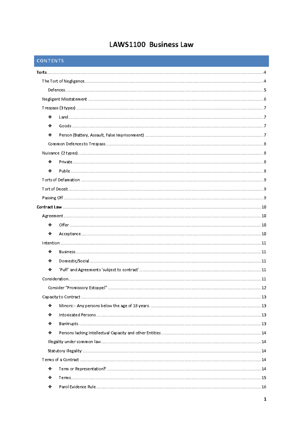 LAWS1100 Final Exam Notes on Torts and Contract Law Topics - Studocu