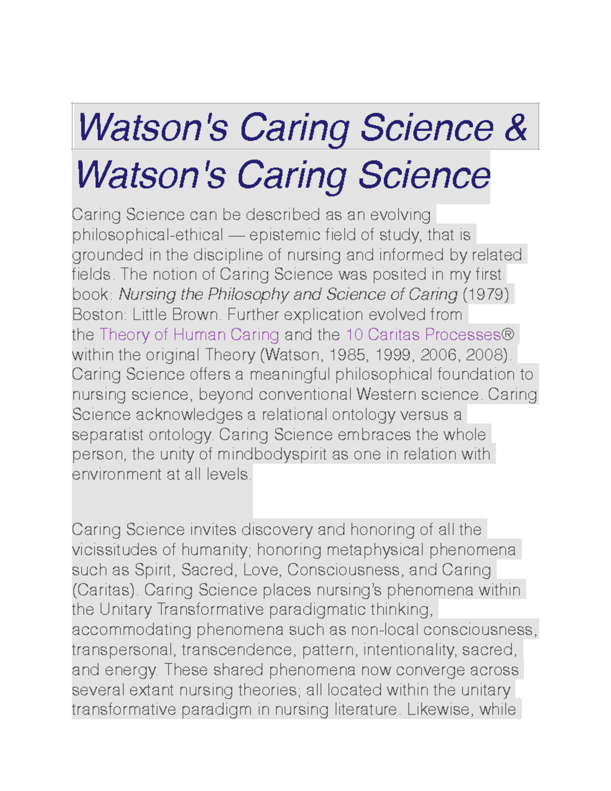 Unitary Caring Science: A Philosophical Foundation for Nursing (MO 1,2 ...