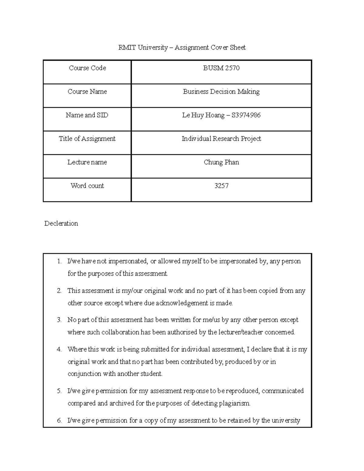 Individual Research Project on Business Decision Making - BUSM 2570 ...