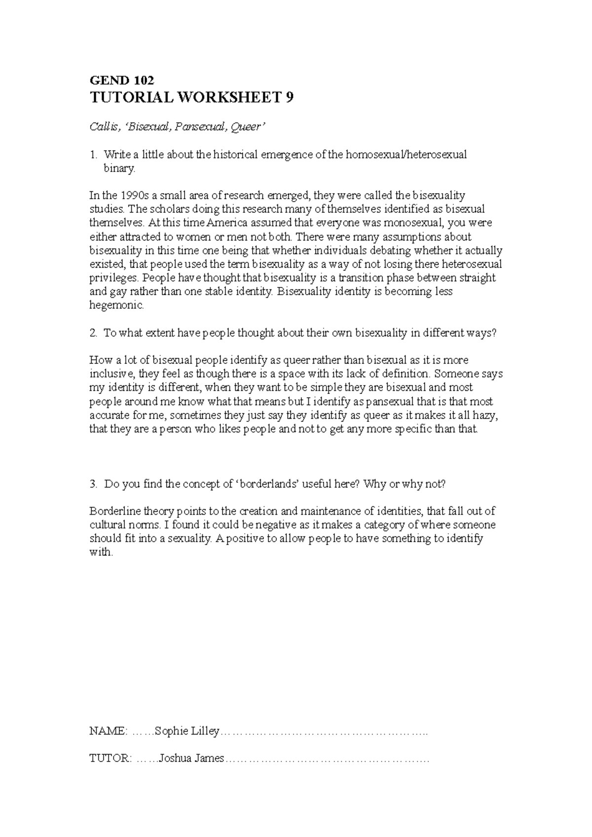 Worksheet callis 9 - GEND 102 TUTORIAL WORKSHEET 9 Callis, ‘Bisexual ...