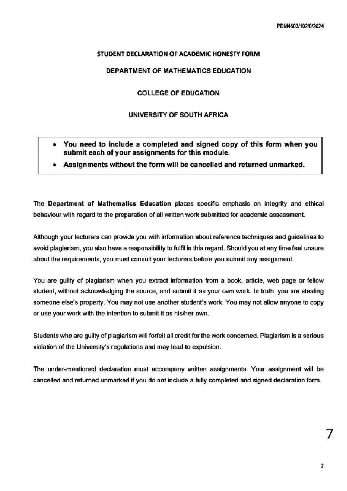 PDM 4803 Assignment 2: Academic Honesty Declaration & Math Proficiency ...