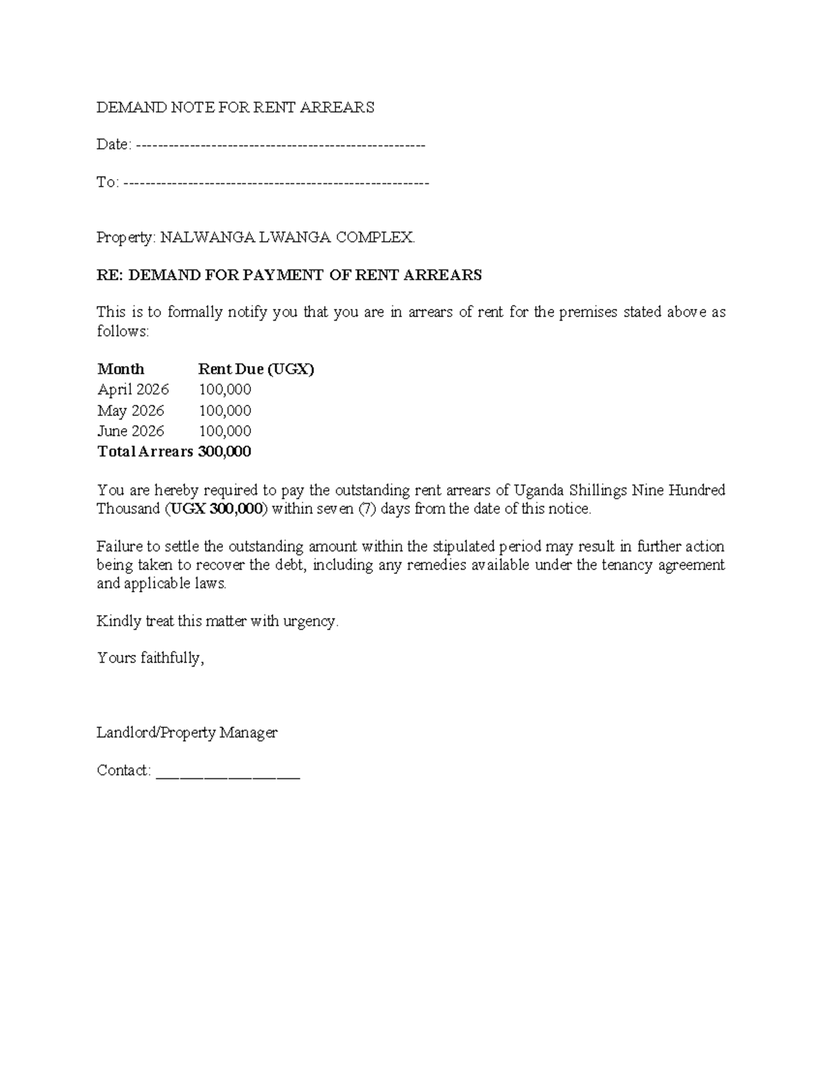 Demand Notice for Rent Arrears - NALWANGA LWANGA COMPLEX - Studocu