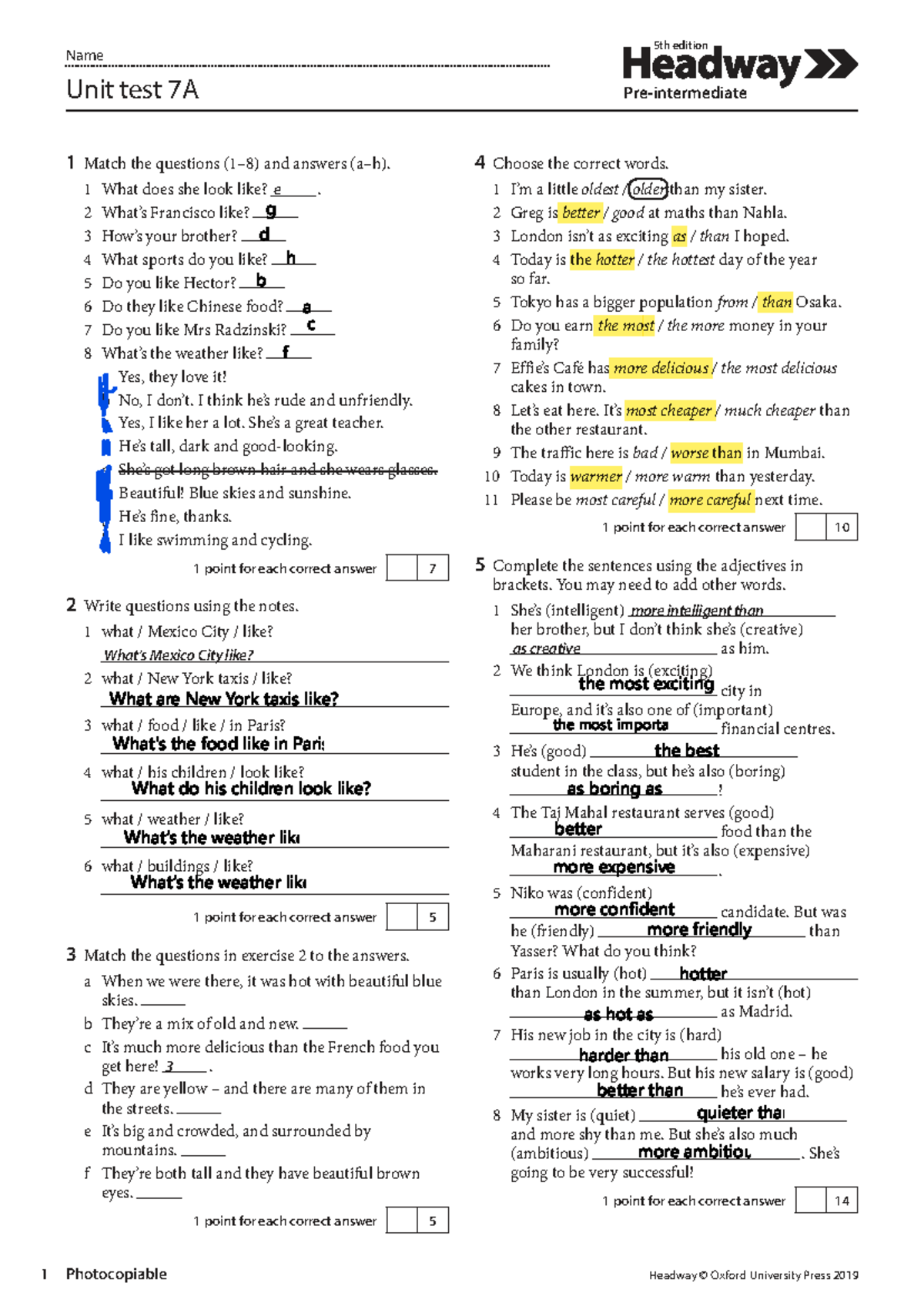 HW5e Pre Intermediate Unit Test 7A: Questions & Answers - Studocu