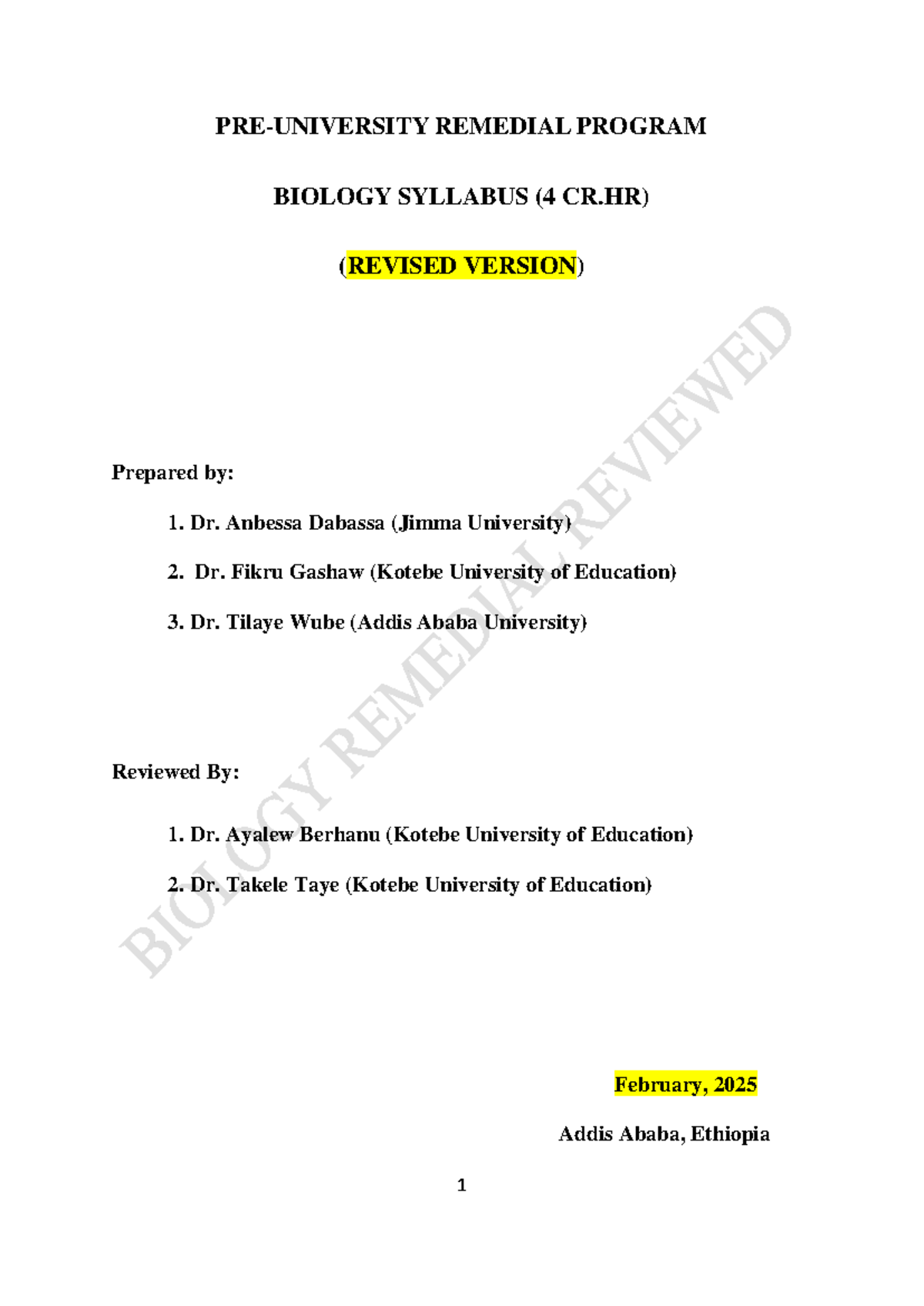 REMEDIAL BIOLOGY SYLLABUS (4 CR.HR) - JIMMA & KOTEBE UNIV. - Studocu