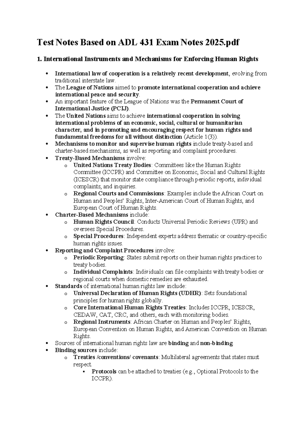 ADL 431 Test Notes: International Human Rights Mechanisms & Laws - Studocu