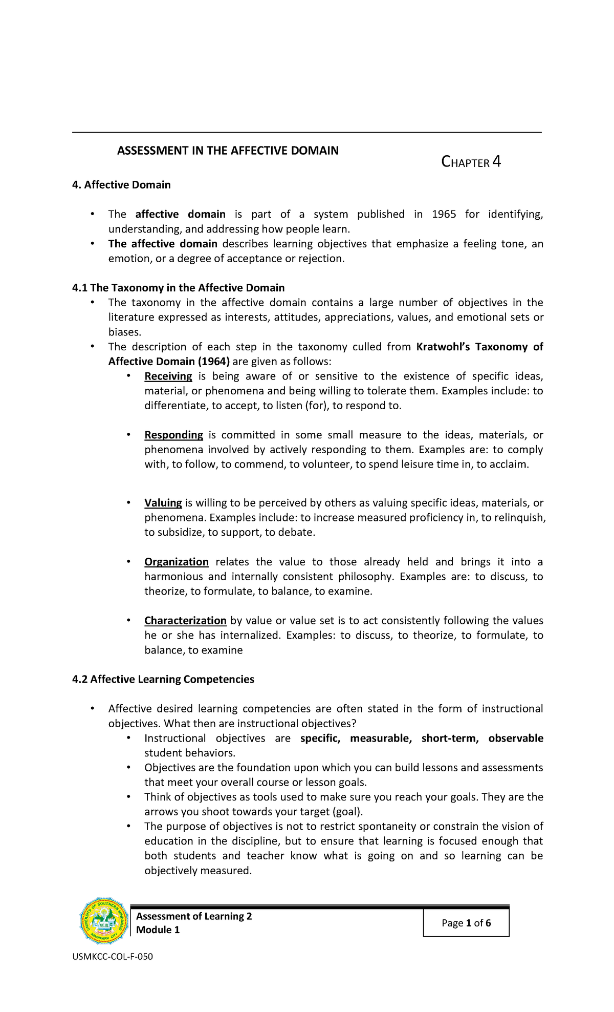 Prof Ed 311 Chapter 4: Understanding Affective Domain Assessment - Studocu