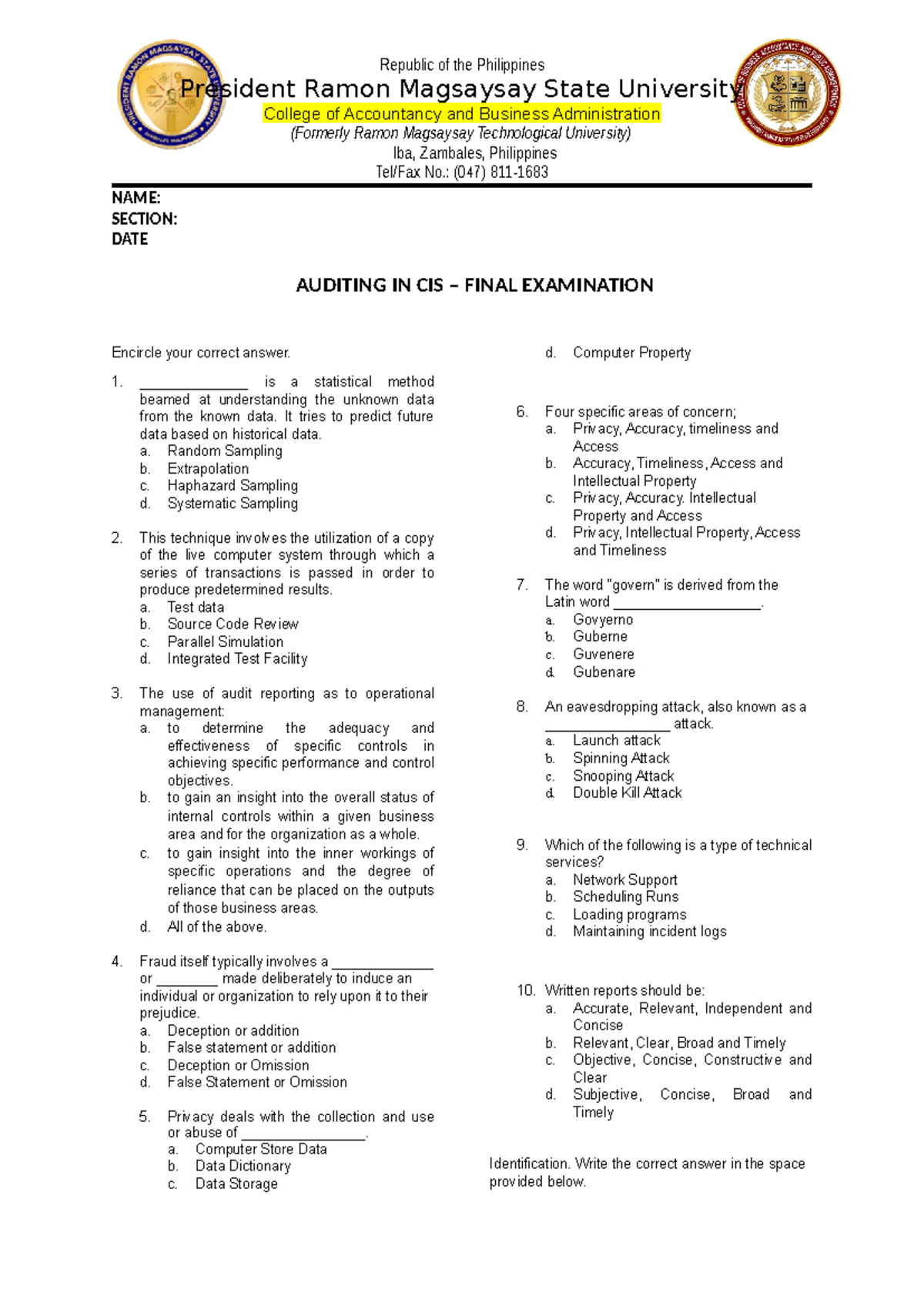CIS - Final Exam Review Guide: Auditing in CIS Techniques - Studocu