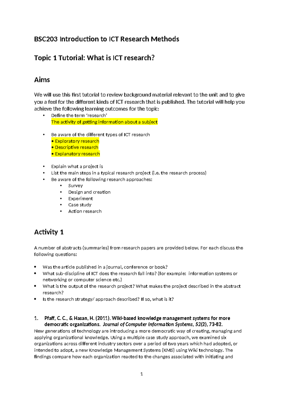 BSC203 ICT Research Methods: Topic 1 Tutorial Overview - Studocu