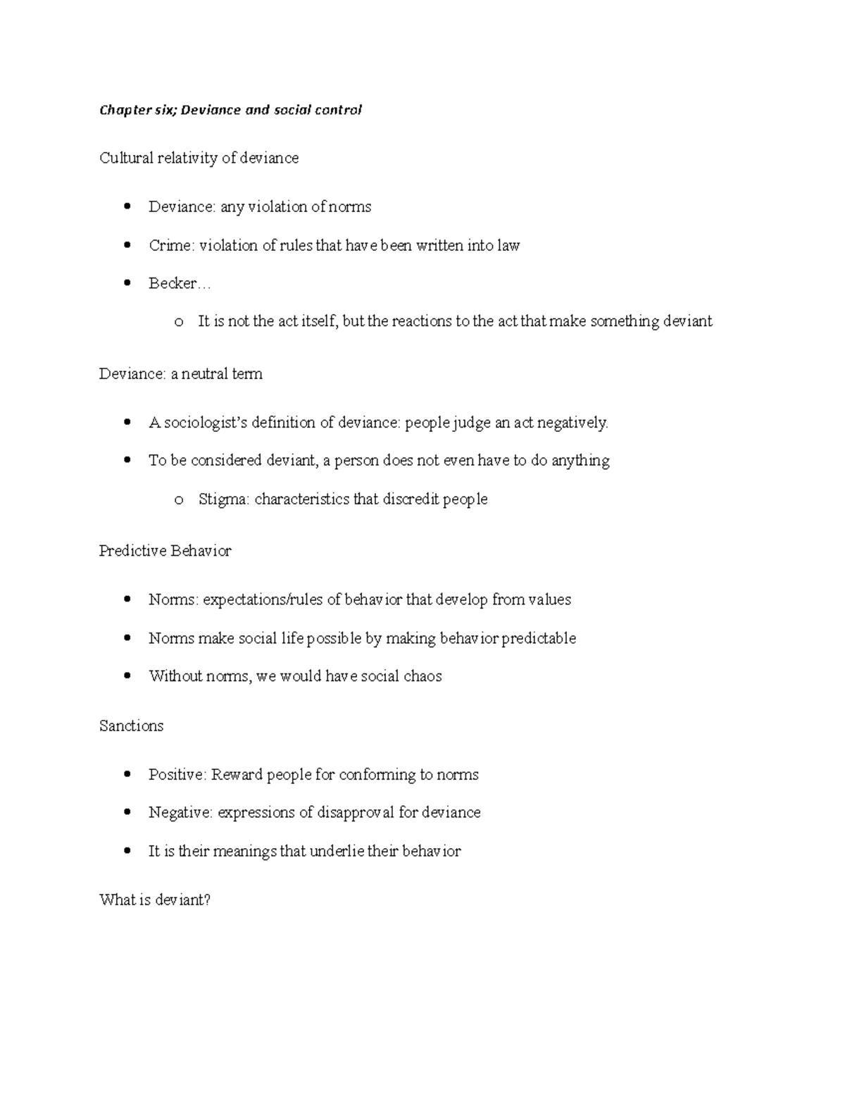 CH. 6, deviance and social control - Chapter six; Deviance and social ...