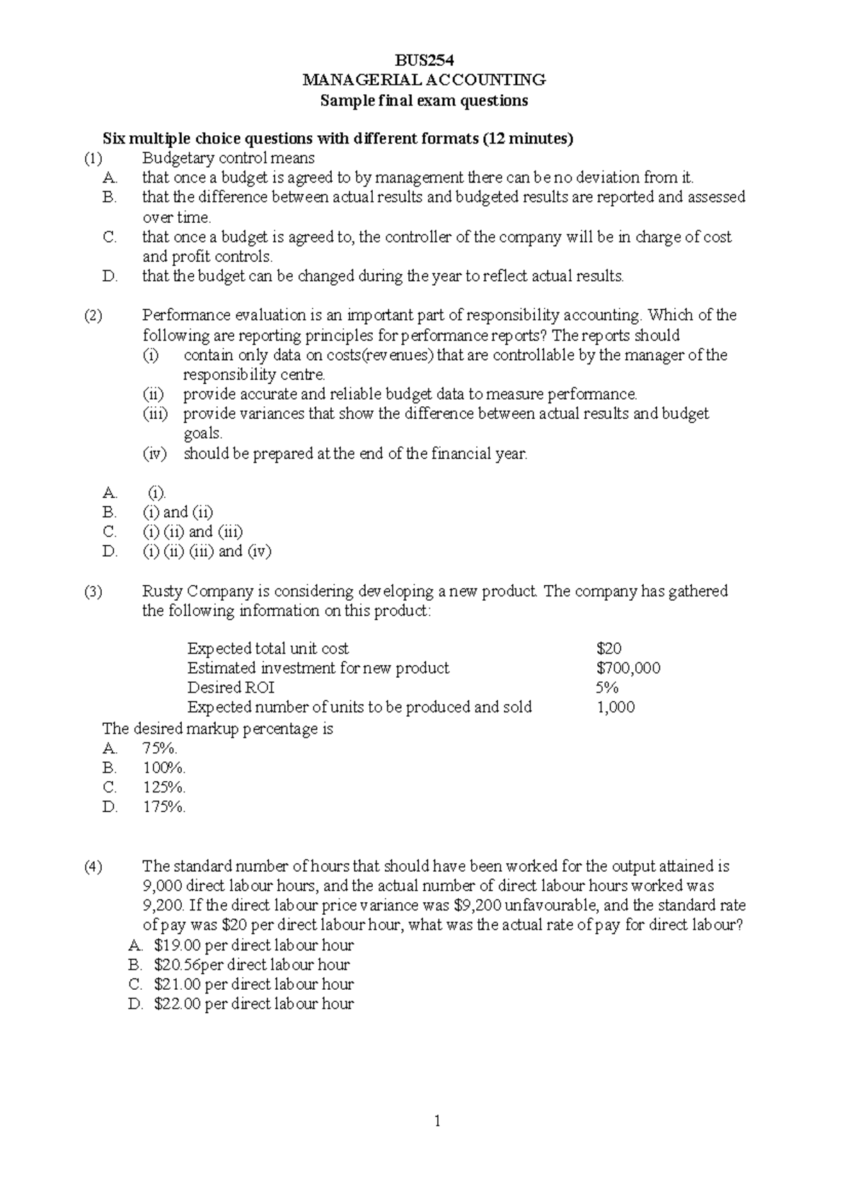 Sample final exam - No solutions given, will be posted when recieved so ...