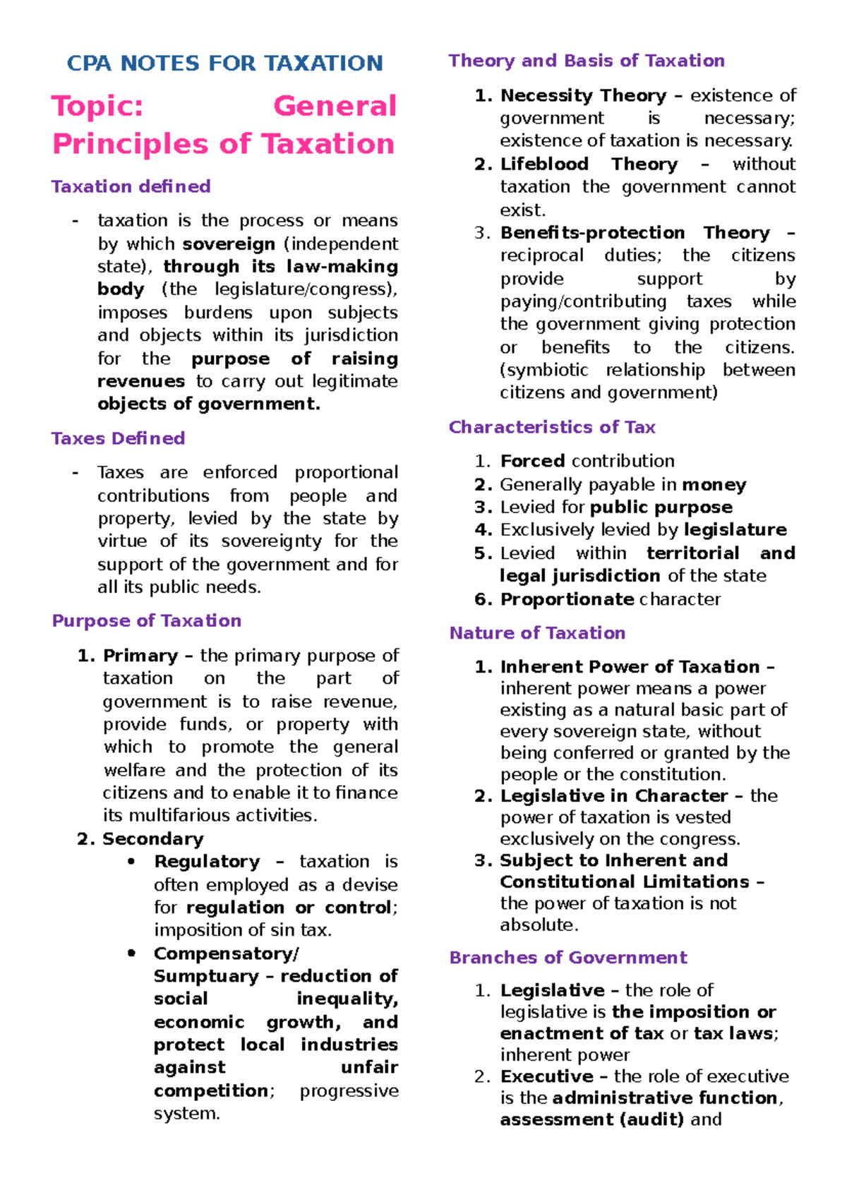 CPA 101: General Principles of Taxation Notes - Studocu