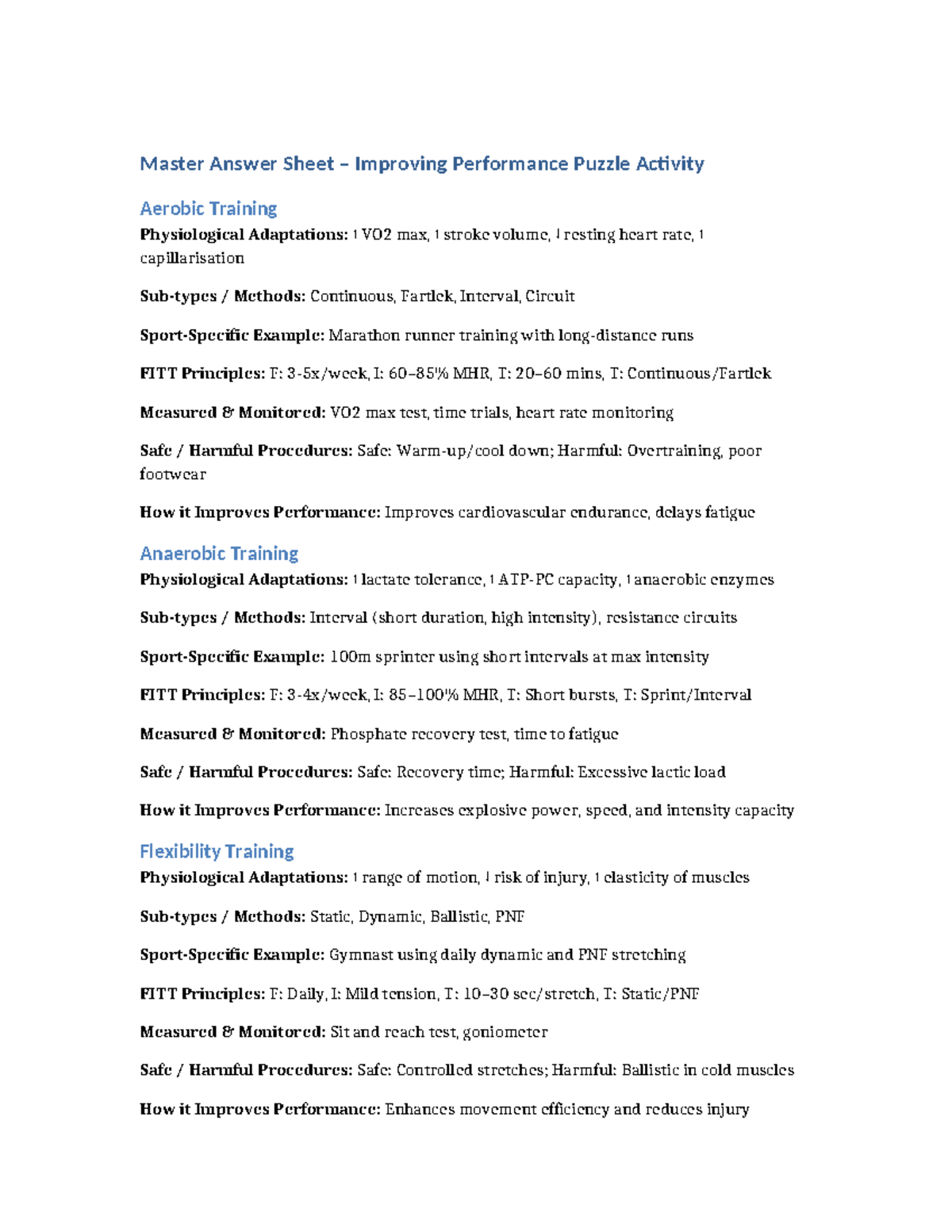 Master Answer Sheet Improving Performance - Master Answer Sheet ...