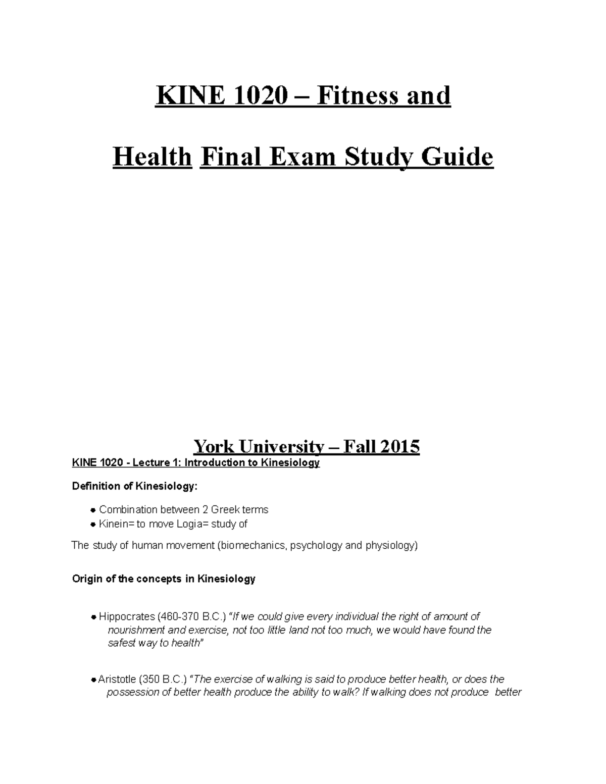 KINE1020 Final Exam Study Guide - Insights on Fitness and Health - Studocu