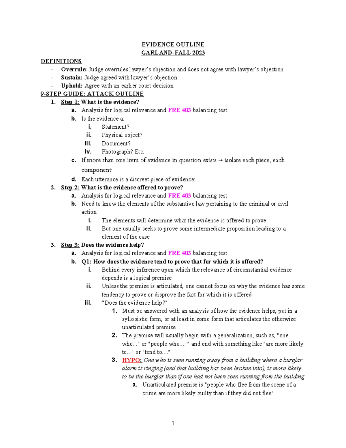 Evidence Outline - J - EVIDENCE OUTLINE INTRODUCTION: MAKING THE RECORD ...
