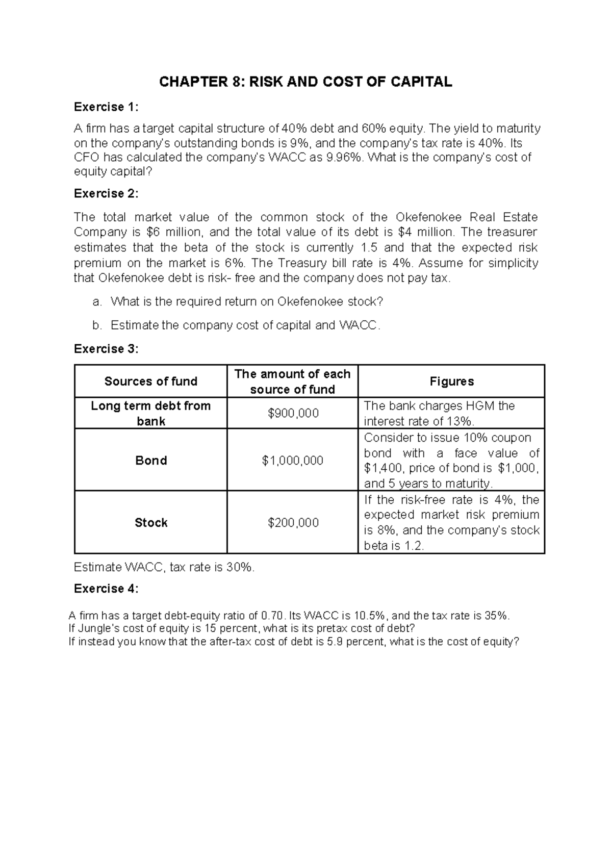 RISK AND COST OF CAPITAL - CHAPTER 8 Exercises & Solutions - Studocu