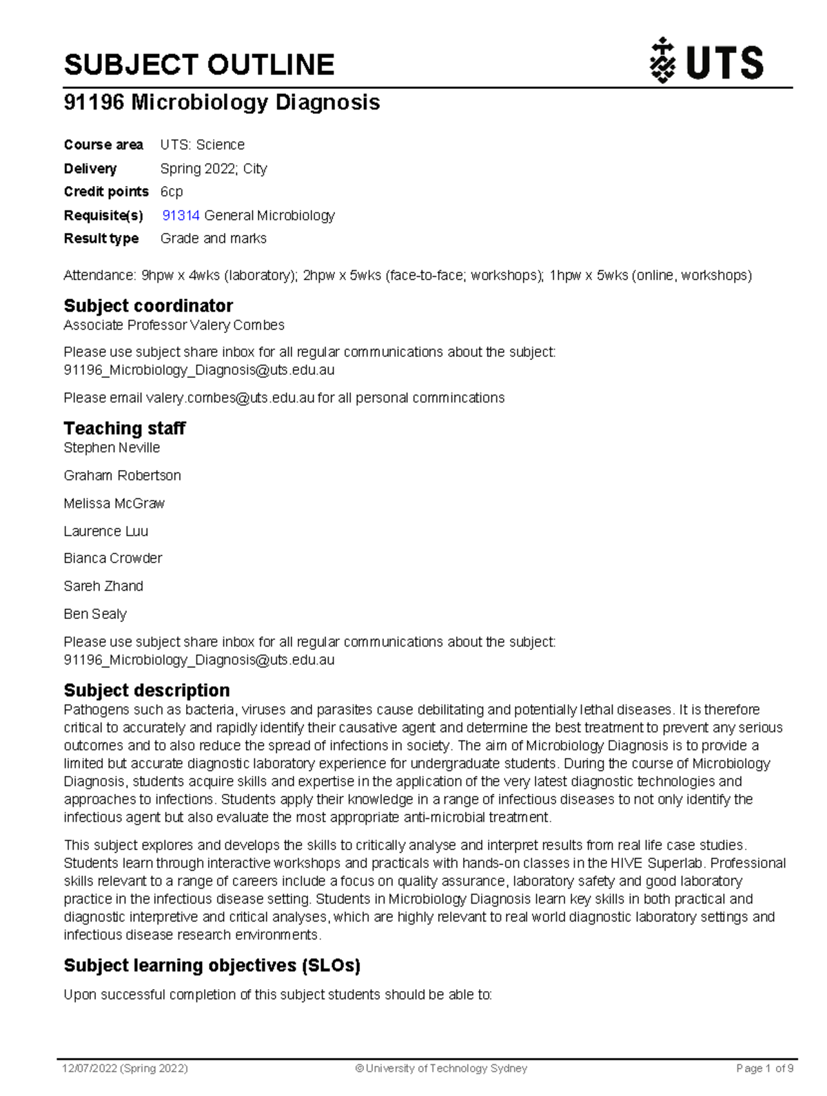 Subject outline - SUBJECT OUTLINE 91196 Microbiology Diagnosis ...