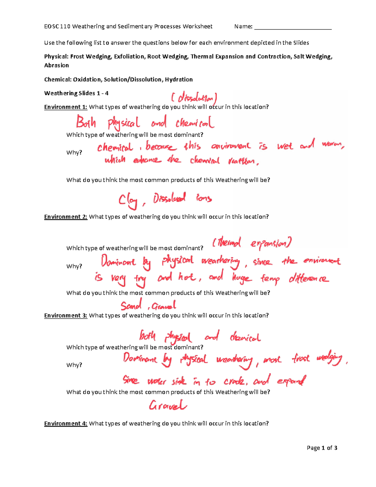 EOSC 110 Weathering and Sedimentary Processes Activity Worksheet - Studocu