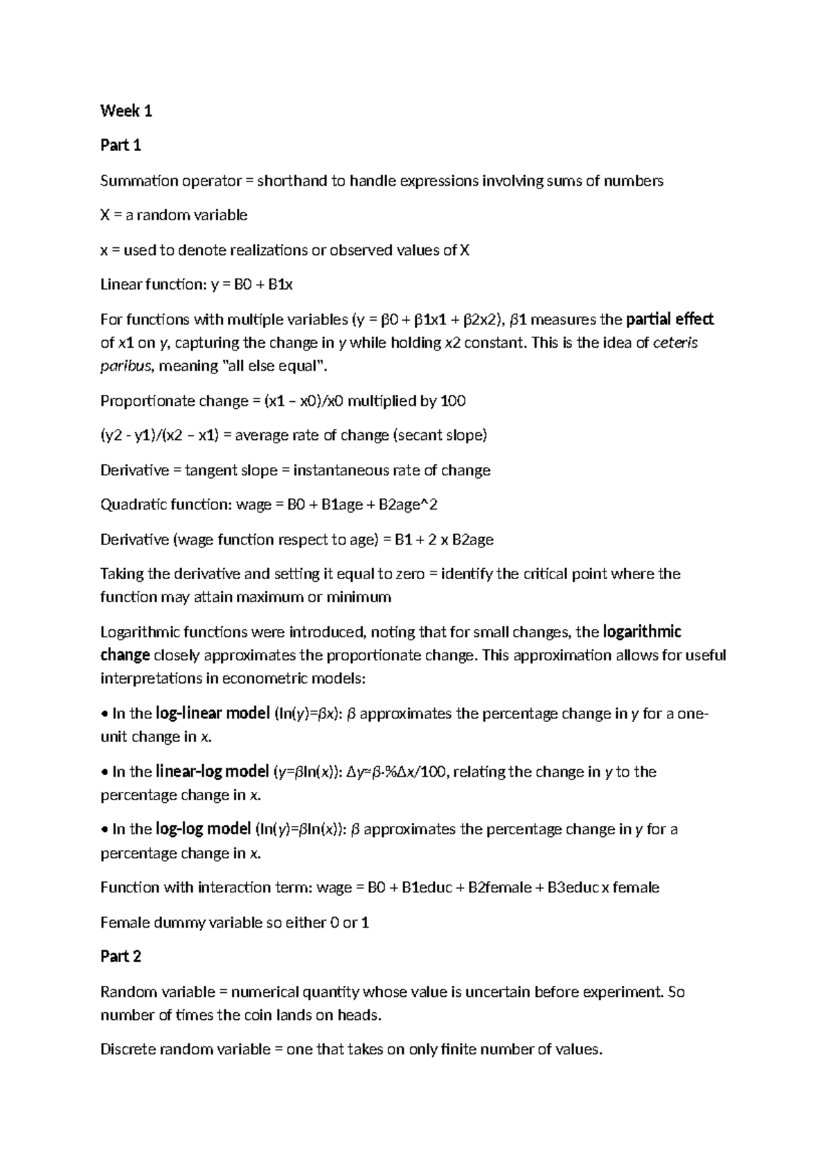 Econometrics Exam Summary: Week 1 & 2 Key Concepts and Models - Studeersnel