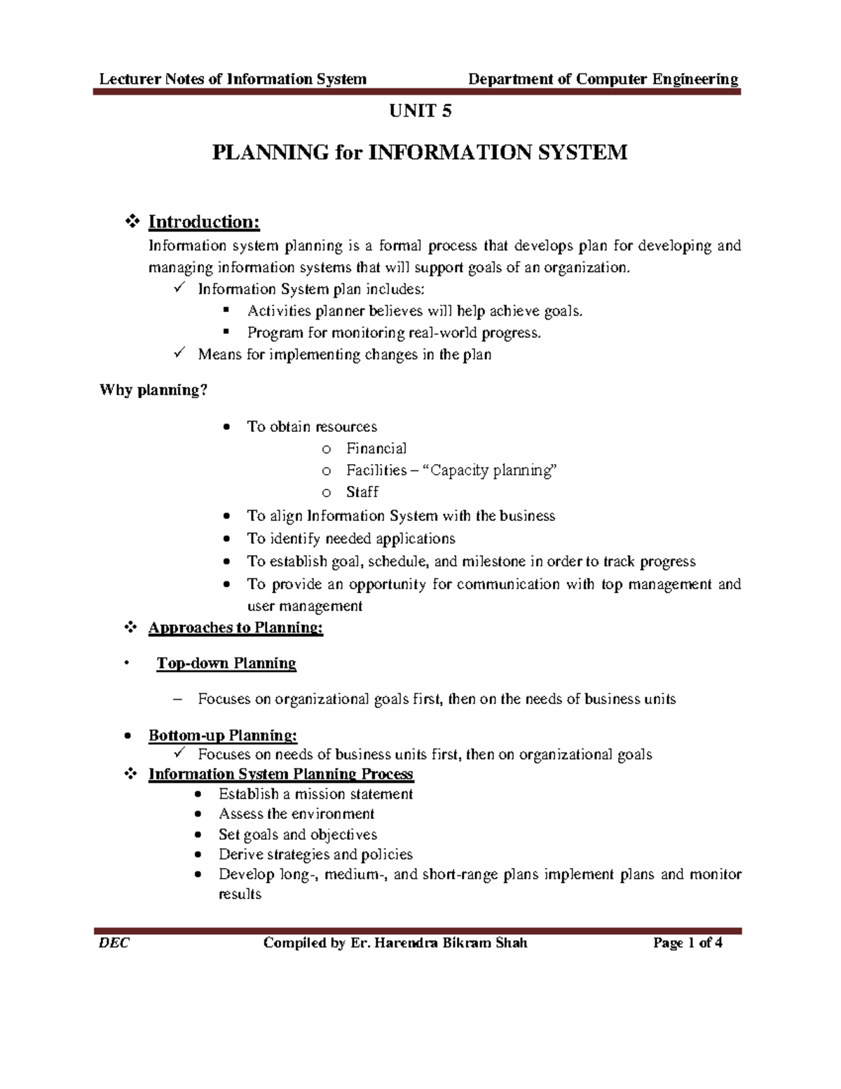 Unit 5: Planning for Information Systems - Lecturer Notes - Studocu
