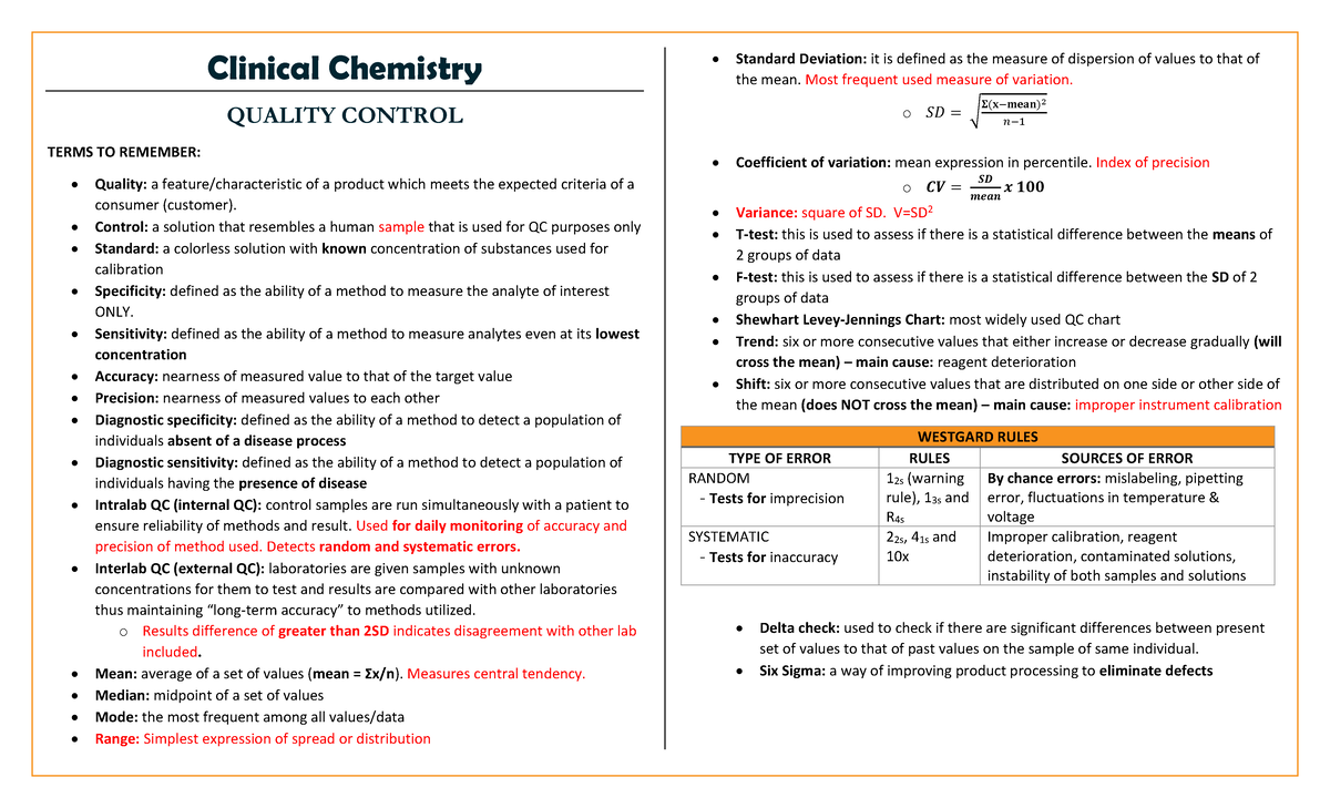 ⭐ CC Reviewer - CC LECTURE - Clinical Chemistry QUALITY CONTROL TERMS ...