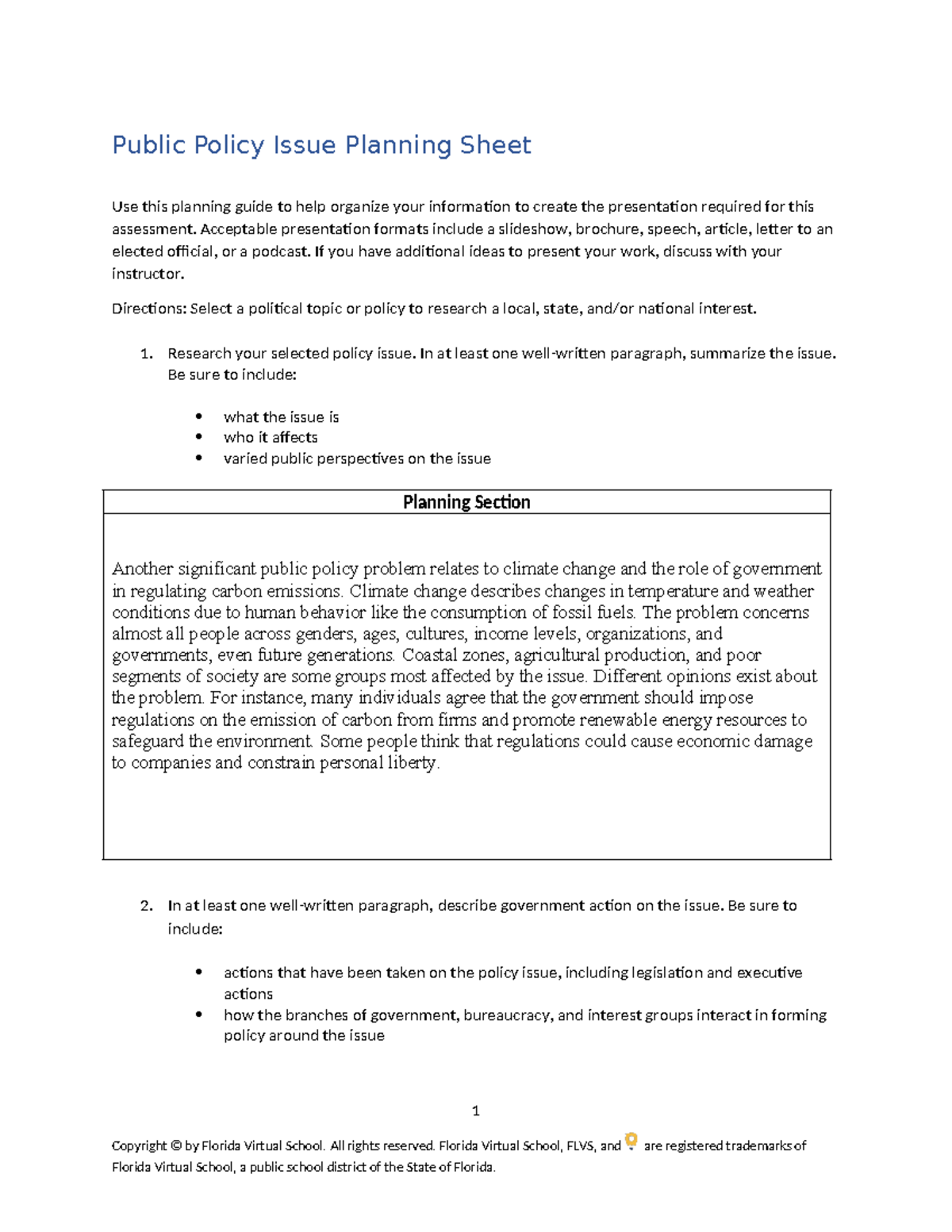 Public Policy Issue Planning Sheet: Climate Change & Government Action ...