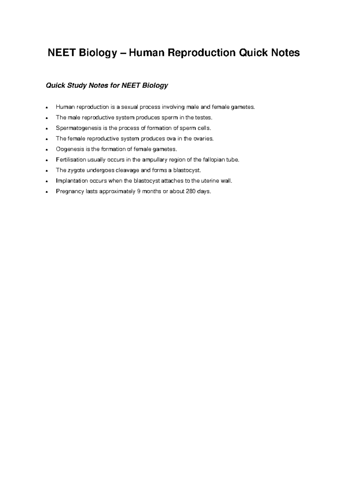 Neet bio human reproduction notes - NEET Biology – Human Reproduction ...