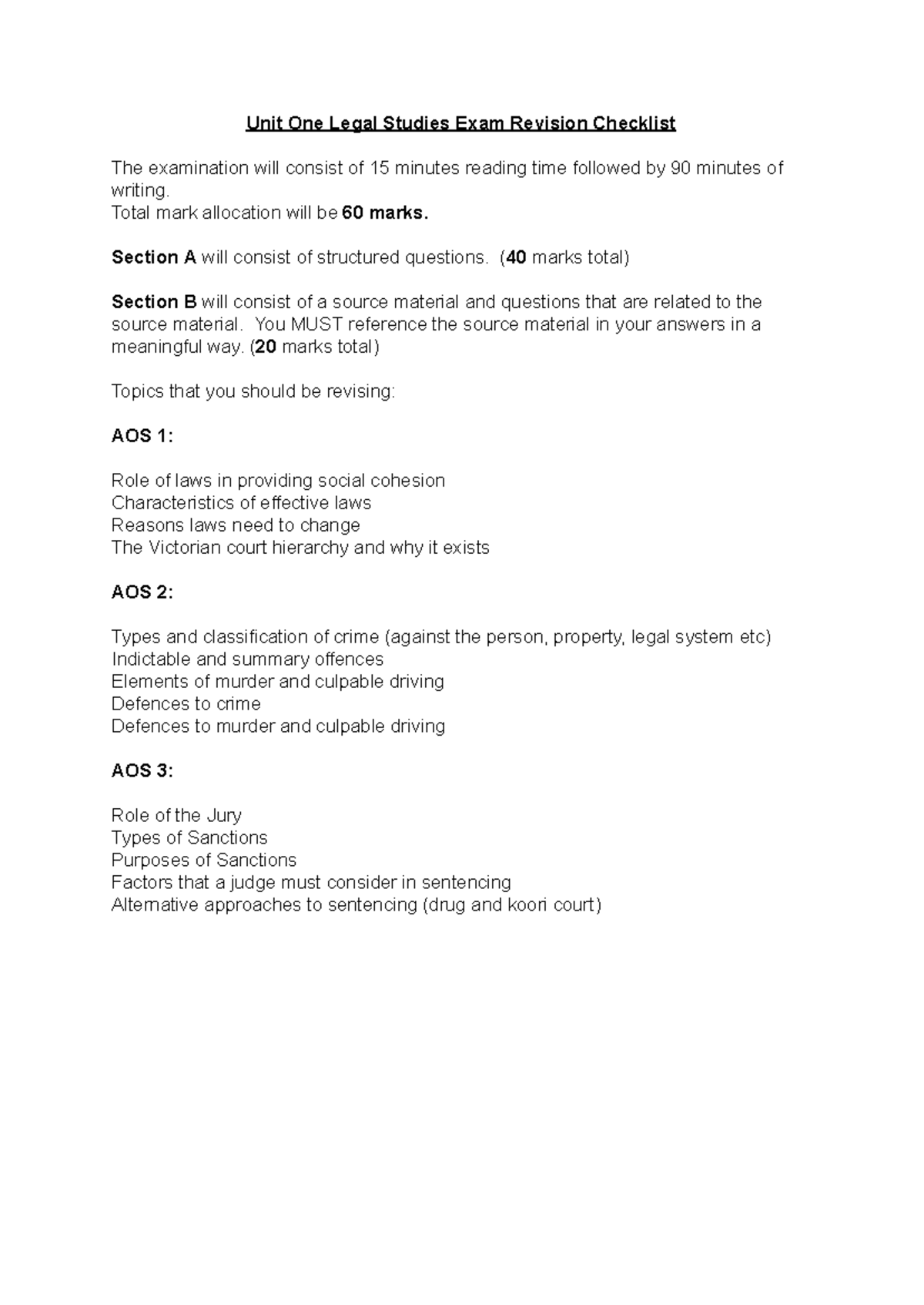 Unit 1 Legal Studies Exam Revision Checklist for AOS Topics - Studocu