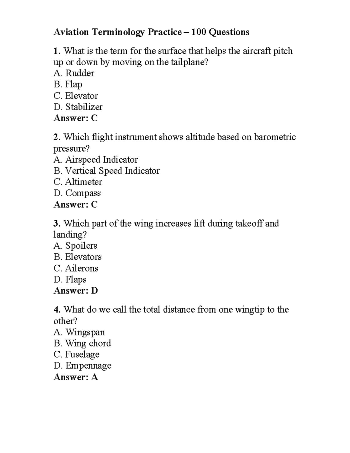 Aviation Terminology Practice: 100 Questions for Mastery - Studocu