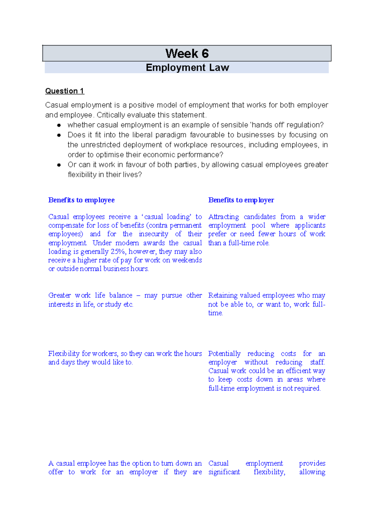 Week 6 Employment Law Tutorial: Evaluating Casual Employment - Studocu