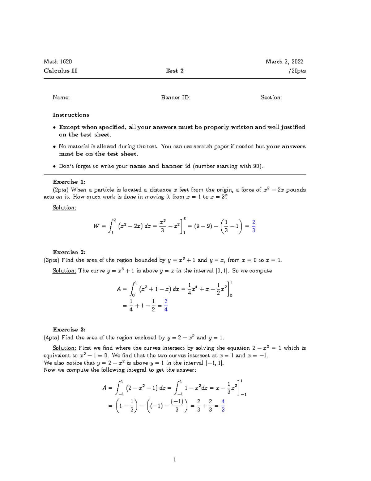 Test 2 - solutions - Dr. Mucoyo Karemara - Math 1620 Calculus II Test 2 ...