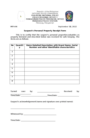 Inventory Receipt for Police Operation - Manaoag, Pangasinan - Studocu